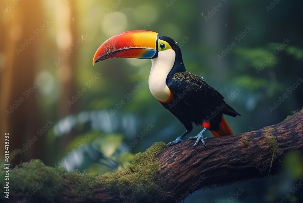 Obraz premium Toucan sitting on a branch in forest with blurred background