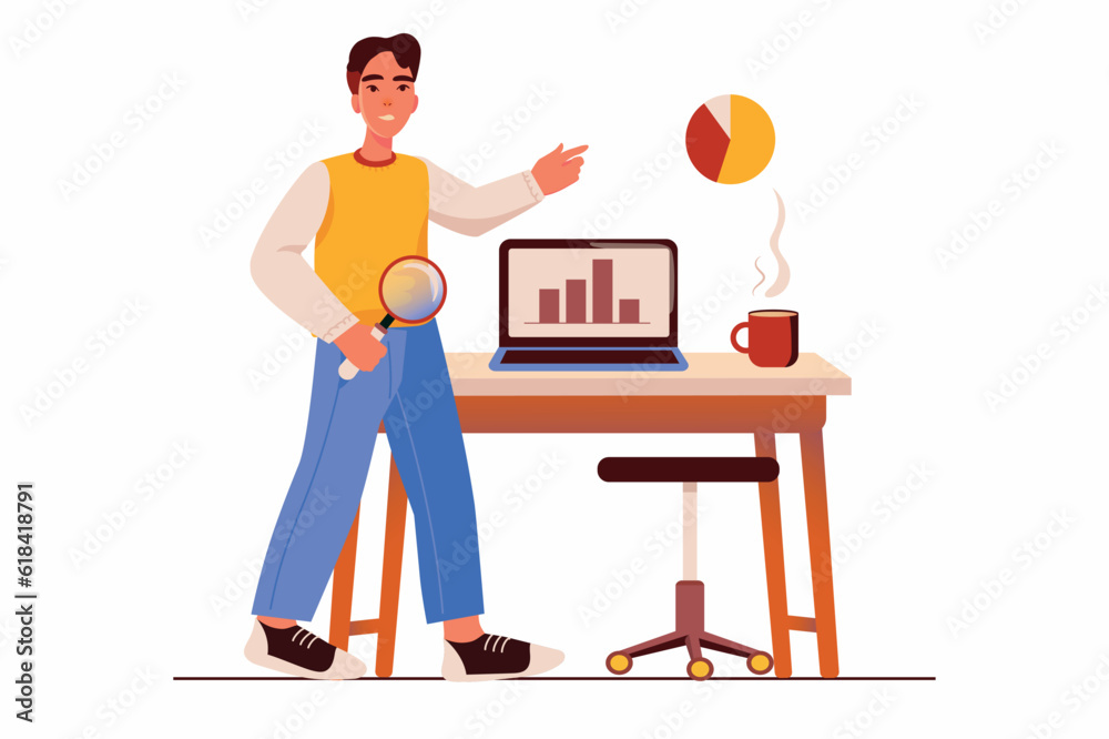 Data analysis concept with people scene in the flat cartoon style. The specialist works with data in charts and diagrams. Vector illustration.
