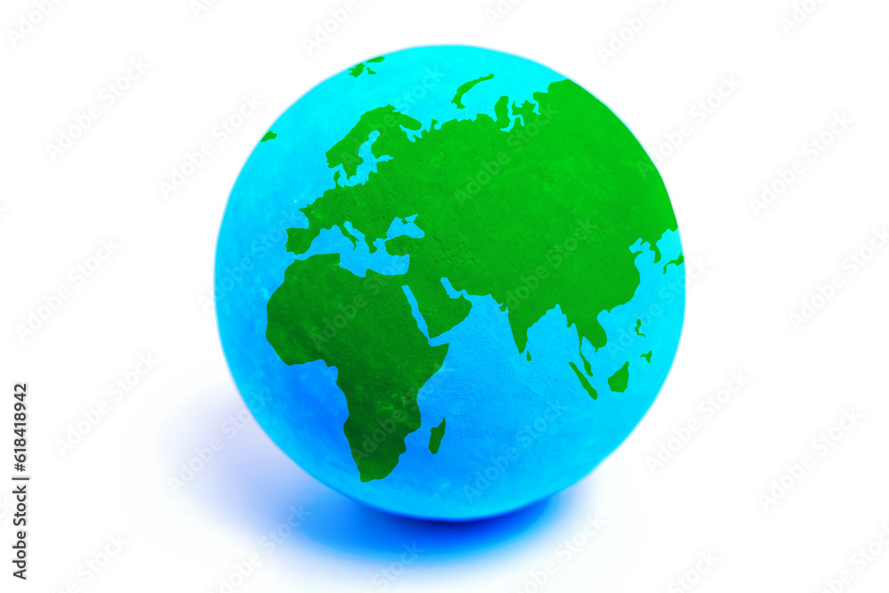 Globe with Green Continents and Blue Oceans on White
