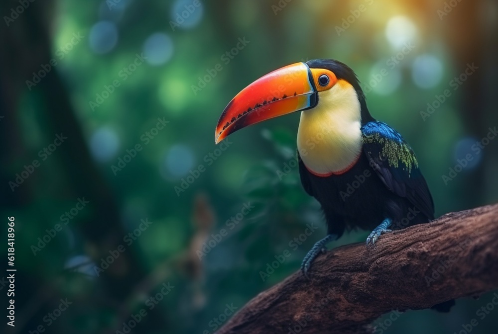 Toucan sitting on a branch in forest with blurred background Toucan sitting on a branch in forest with blurred background
