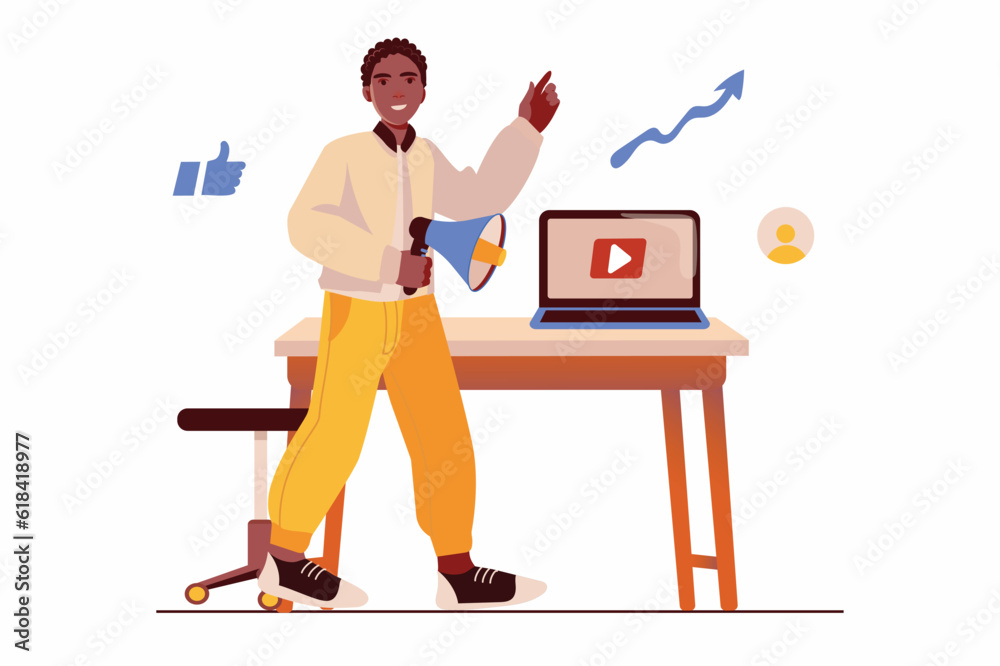 Digital marketing concept with people scene in the flat cartoon design. A marketer promotes digital marketing technology. Vector illustration. Digital marketing concept with people scene in the flat cartoon design. A marketer promotes digital marketing technology. Vector illustration.