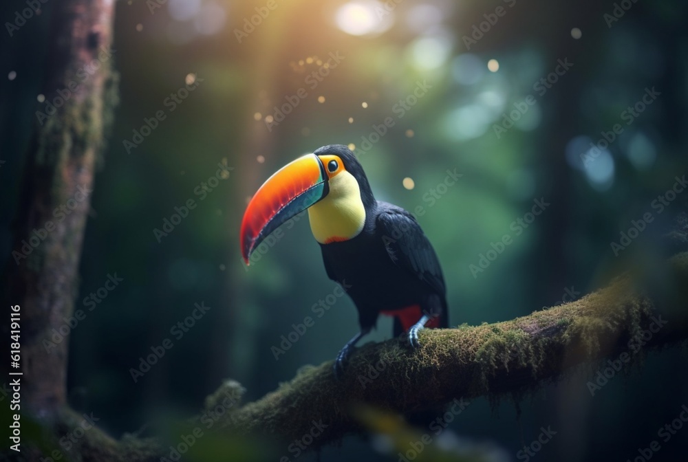 Fototapeta premium Toucan sitting on a branch in forest with blurred background