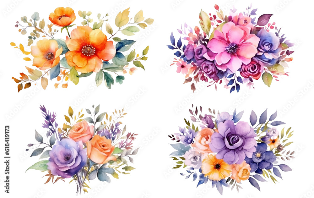 Watercolor flowers on a white background without shadows for illustration.