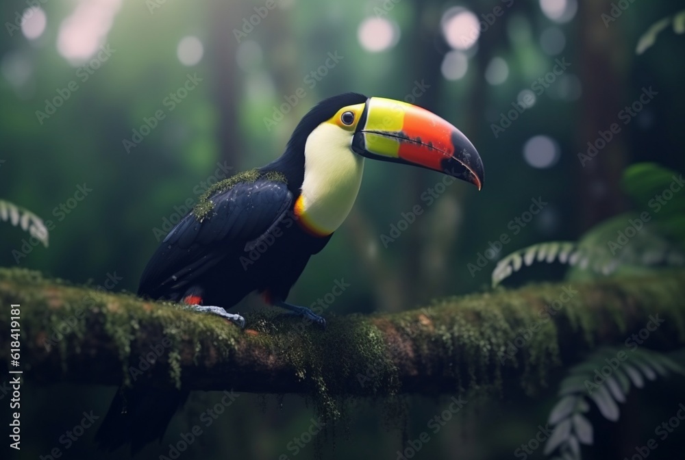 Fototapeta premium Toucan sitting on a branch in forest with blurred background