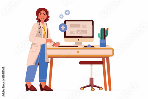 Medicine concept with people scene in the flat cartoon style. The doctor is preparing to receive patients. Vector illustration.