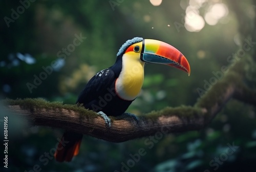 Toucan sitting on a branch in forest with blurred background
