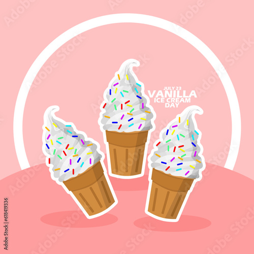 Three vanilla ice creams topping with sprinkles on a pink table with frames and bold text on pink background to celebrate National Vanilla Ice Cream Day on July 23
