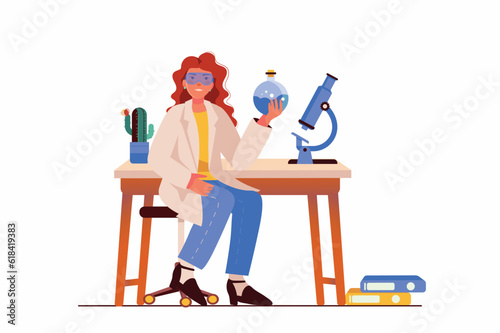 Science lab concept with people scene in the flat cartoon style. The scientist finished the chemical experiment and is proud of the result. Vector illustration.