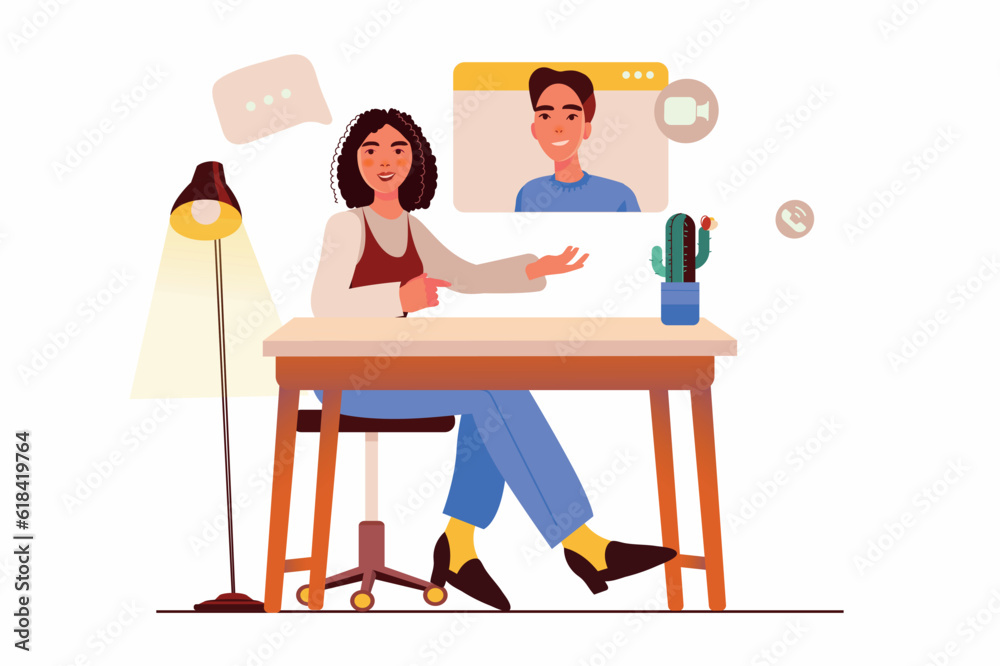 Video conference concept with people scene in the flat cartoon design. Colleagues discuss work issues via video conference. Vector illustration.