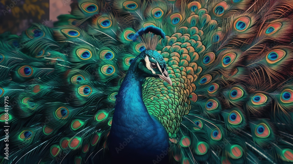 Obraz premium Close up of colorful beautiful peacock in jungle at night time with neon glow