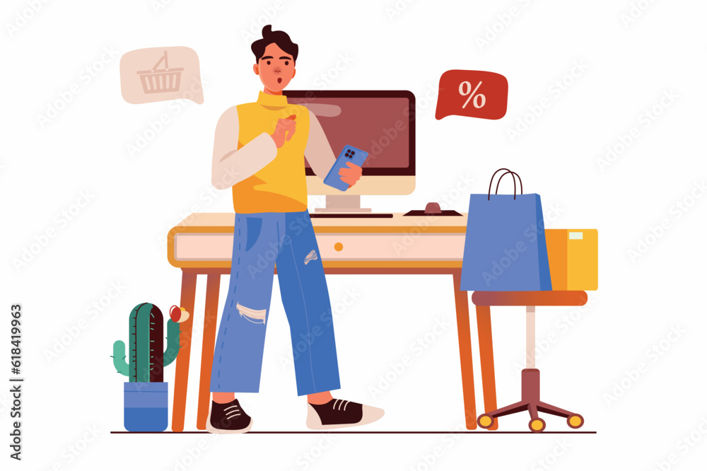 Online shopping concept with people scene in the flat cartoon design. The guy ordered a lot of new clothes in an online store. Vector illustration. Online shopping concept with people scene in the flat cartoon design. The guy ordered a lot of new clothes in an online store. Vector illustration.