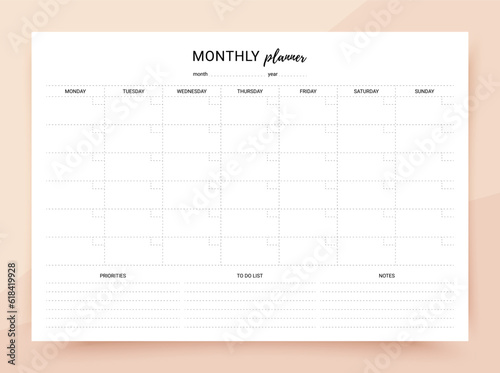 Monthly planner. Schedule for month with notes, to do list and priorities. Timetable template. Homework organizer. Simple journal page. Vector illustration. Empty blank of diary. Paper size A4. 