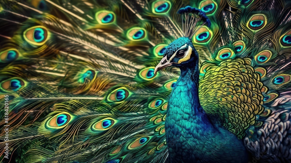 Fototapeta premium Close up of colorful beautiful peacock in jungle at night time with neon glow