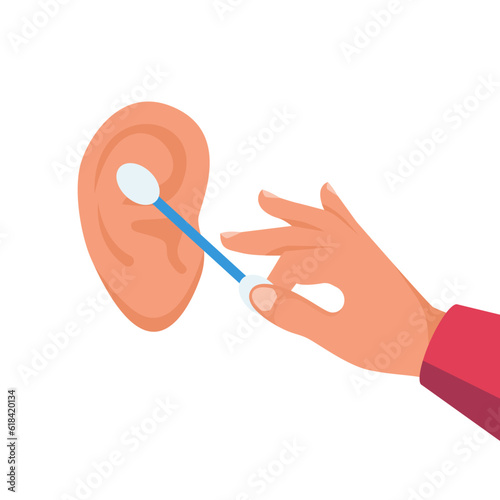 Ear cleaning icon. Hygiene ear. Cleaning sticks in hand. Simple black icon. Vector illustration flat design. Isolated on yellow background.