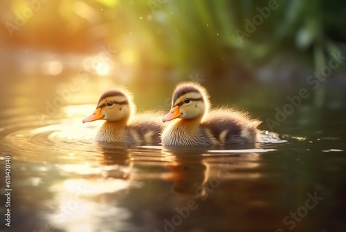 cute duckling swimming in the river with blurred sunlight background. generative ai © LivroomStudio