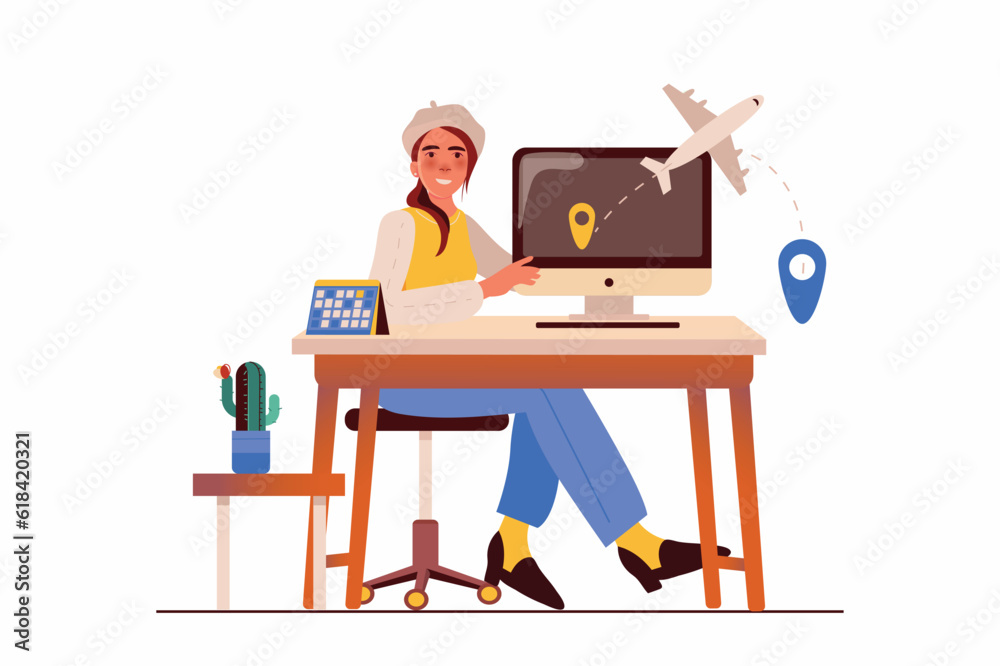 Travel agency concept with people scene in the flat cartoon style. An employee of a travel agency presents a new tour to different countries. Vector illustration. Travel agency concept with people scene in the flat cartoon style. An employee of a travel agency presents a new tour to different countries. Vector illustration.