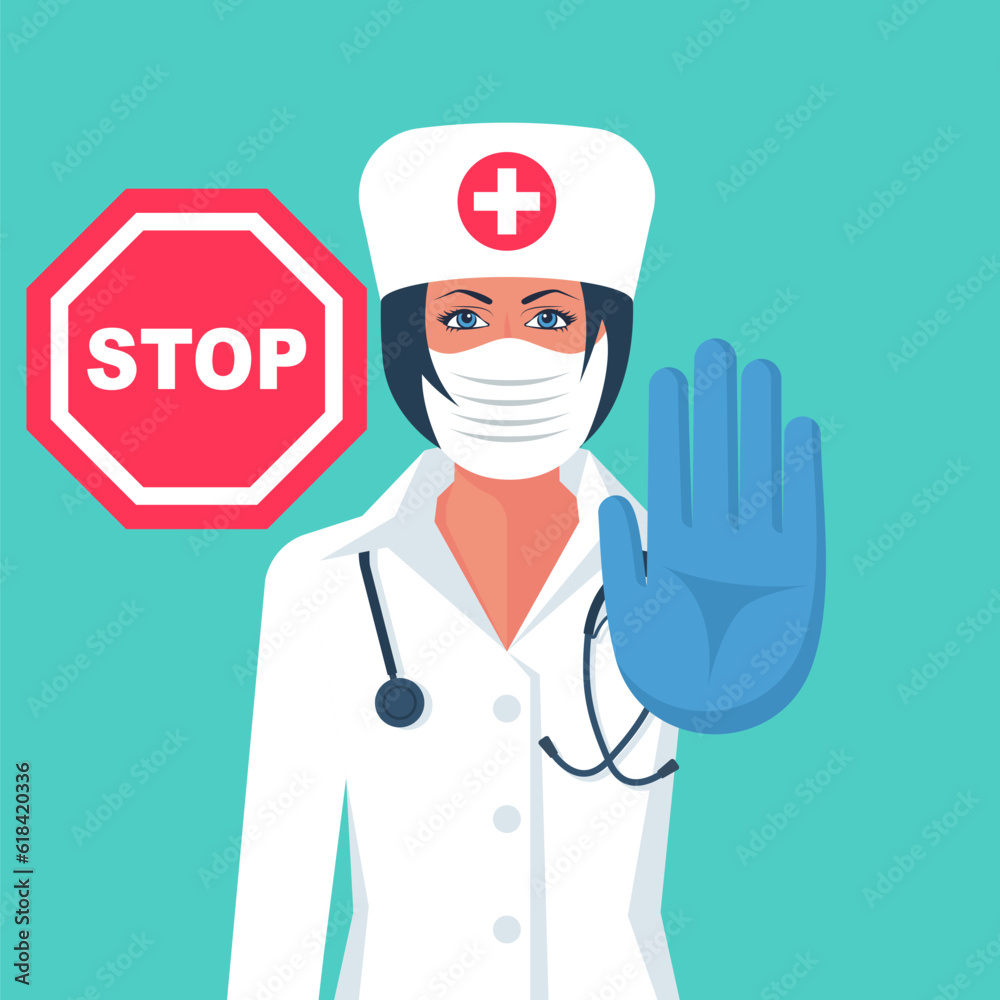 Doctor makes hand gesture. Gesture Stop. Doctor in a medical mask suit on face and protective gloves. Landing page the fight a dangerous epidemic. Vector illustration flat design. Doctor makes hand gesture. Gesture Stop. Doctor in a medical mask suit on face and protective gloves. Landing page the fight a dangerous epidemic. Vector illustration flat design.