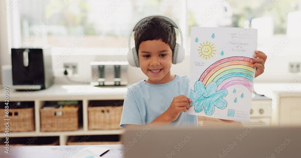 Video call, virtual school and boy with a drawing, education and excited with homework, picture and headphones. Laptop, kid and student with art, headset and knowledge with conversation and present Video call, virtual school and boy with a drawing, education and excited with homework, picture and headphones. Laptop, kid and student with art, headset and knowledge with conversation and present