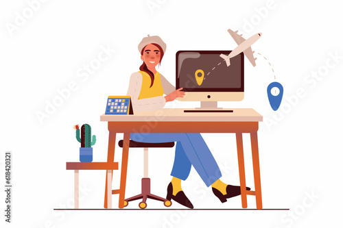 Travel agency concept with people scene in the flat cartoon style. An employee of a travel agency presents a new tour to different countries. Vector illustration.