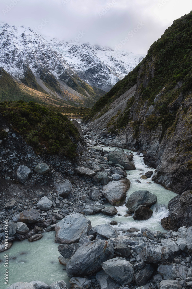 Hooker Valley Hike in Aoraki Mount Cook in early morning, New Zealand Hooker Valley Hike in Aoraki Mount Cook in early morning, New Zealand