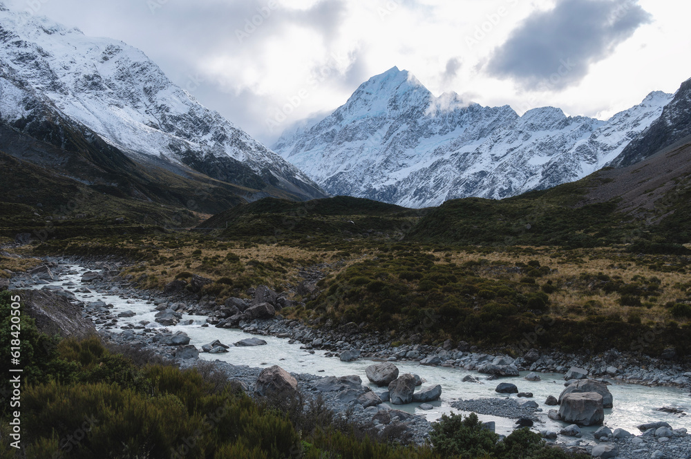 Hooker Valley Hike in Aoraki Mount Cook in early morning, New Zealand