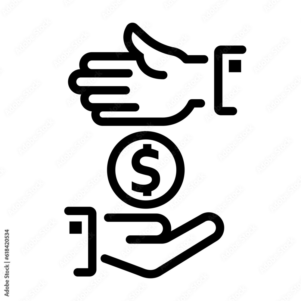 Donate money. A businessman's hand passes a dollar coin to the needy. Black line icon. Vector illustration flat design. Isolated on white background. Donate money. A businessman's hand passes a dollar coin to the needy. Black line icon. Vector illustration flat design. Isolated on white background.