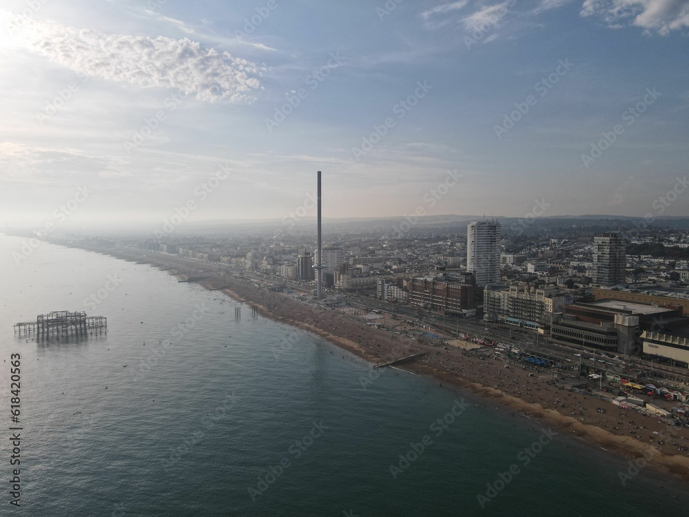 Aerial view of a bustling cityscape in England, United Kingdom with modern architecture