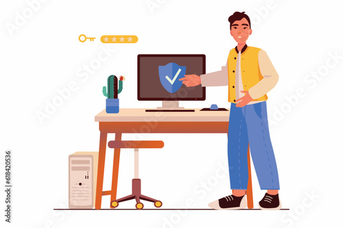 Cyber security concept with people scene in the flat cartoon design. The programmer specializes in the protection of computer data. Vector illustration.