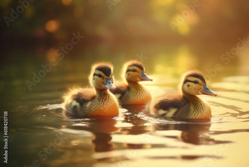 cute duckling swimming in the river with blurred sunlight background. generative ai