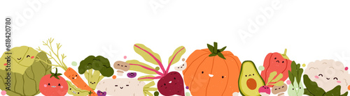 Vegetable border. Farm harvest, healthy vegan food, horizontal banner. Assorted veggies characters. Fresh vegetarian eating mix. Kids childish flat vector illustration isolated on white background