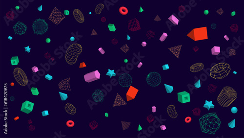 Set of futuristic geometric shapes in cyberspace. Complete and linear objects in retro style. Abstract background with shapes different color. Vector illustration.