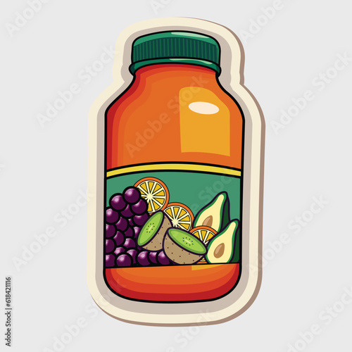 Different Fruit Ingredients Bottle In Sticker Style.