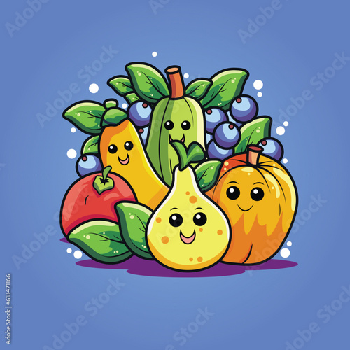 Fototapeta Naklejka Na Ścianę i Meble -  Assortment Food Cartoon Character of Vegetable and Fruit.