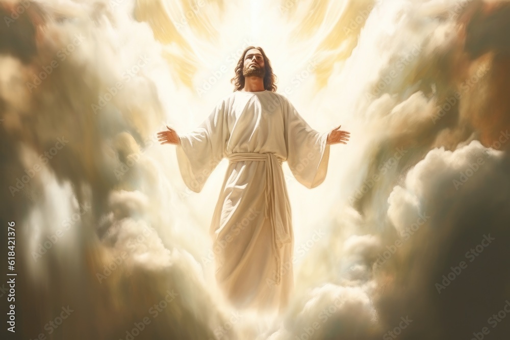 Jesus Christ in the clouds in heaven with open arms The Savior of mankind Generative AI Illustration Jesus Christ in the clouds in heaven with open arms The Savior of mankind Generative AI Illustration