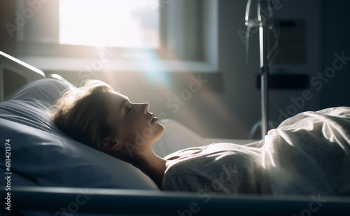 Woman, sleeping and rest in hospital bed for medical treatment, surgery and icu operation. Tired, exhausted and ai generated person lying in clinic emergency room for healthcare or wellness recovery