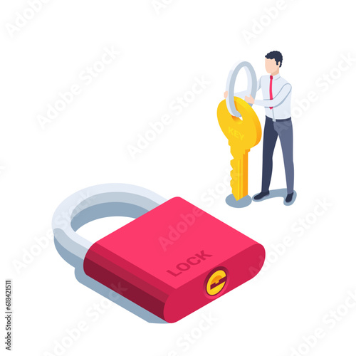 isometric vector illustration on a white background, a man in business clothes holds a key while standing near a large barn lock, key to the lock