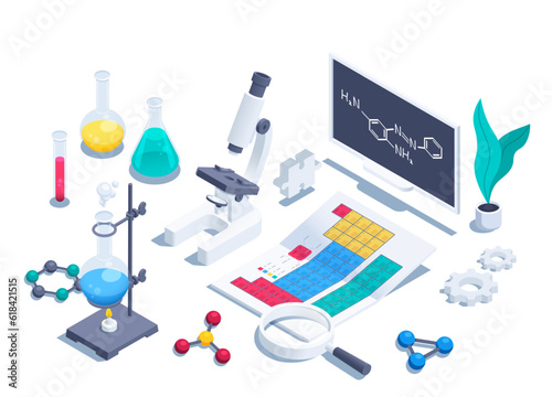 isometric vector illustration isolated on white background, microscope with periodic table and flasks, chemical experiments and education