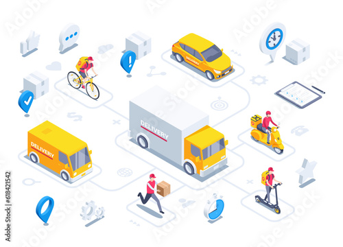 isometric vector illustration on a white background, a car for delivering parcels and a man on a scooter and bicycle from a delivery service, targeted delivery