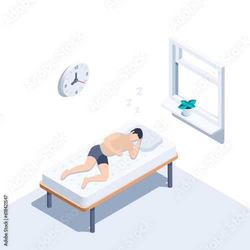 isometric vector illustration on a white background, a man sleeps on a bed under a window and a clock hanging on the wall