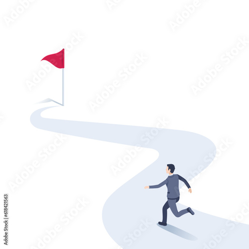 isometric vector illustration on a white background, a man in a business suit runs along a winding path to the flag, way to success