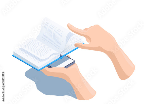 isometric vector illustration isolated on white background, hands leafing through a book on a smartphone screen, online reading or library
