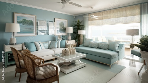 Sea side bar interior with wooden floor and metal armchairs