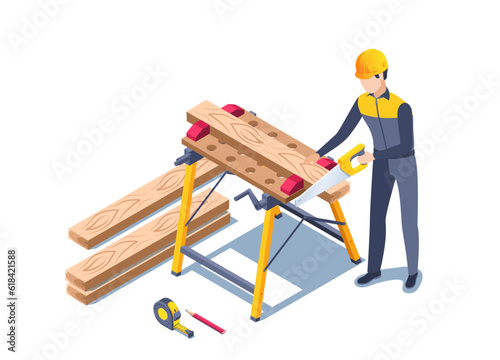 isometric vector illustration on a white background, a man in a construction uniform sawing a wooden board at a workbench, working with wood