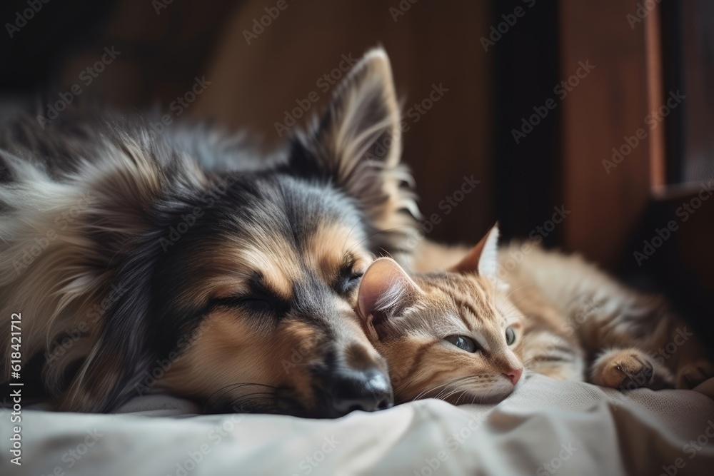 Cat and dog sleeping, generative ai