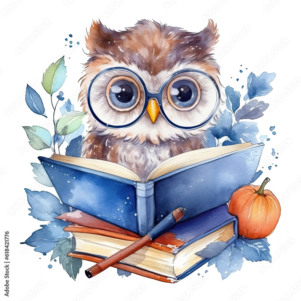 Fototapeta Watercolor cute owl with glasses reading book, isolated. Generative AI
