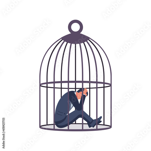 Man in a cage. Mental disorder concept. Depression and apathy. Emotional burnout. The girl is stressed. Male suffering. Vector illustration flat design. Isolated on white background.
