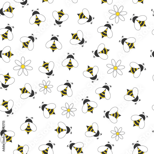 Seamless pattern of cartoon bees and daisies.