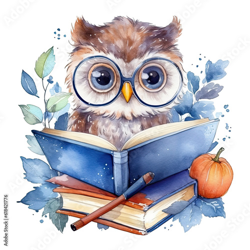 Fototapeta Akwarela, słodka sowa w okularach czytająca książkę. Wygenerowane przez sztuczną inteligencją
