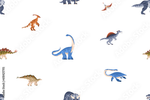 Seamless pattern  repeating dinosaurs print. Extinct ancient dino animals of Jurassic period  endless background design. Flat vector illustration for kids textile  fabric  childish wallpaper  wrapping