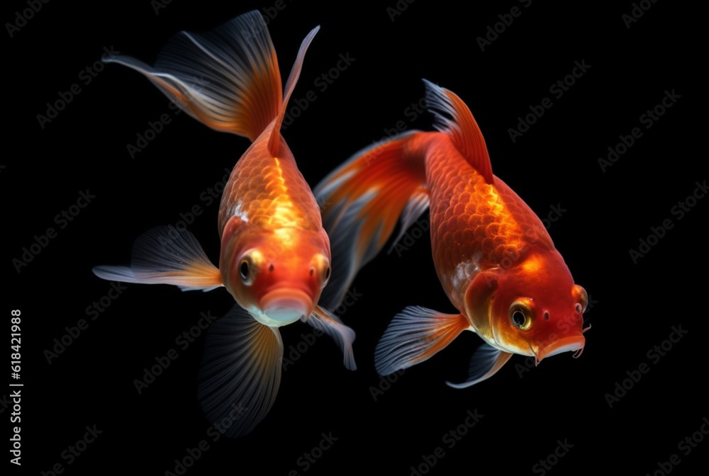 two beautiful koi fish isolated on black background. generative ai two beautiful koi fish isolated on black background. generative ai